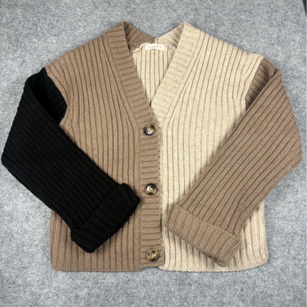 Magnolia Tri-Tone Ribbed Cardigan Colorblock Neutral Button Up Knit Sweater